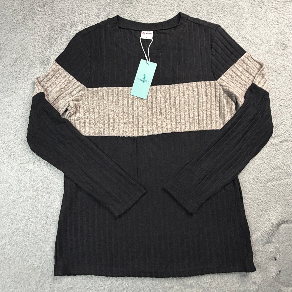 NWT WIHOLL Women Black Tan Ribbed Knit Long Sleeve Crew Neck Top Medium